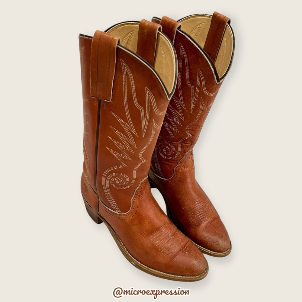 VINTAGE 1990s Frye Brown Tan Leather Pull On Low Heel Western Boho Cowboy Boot - Picture 10 of 16